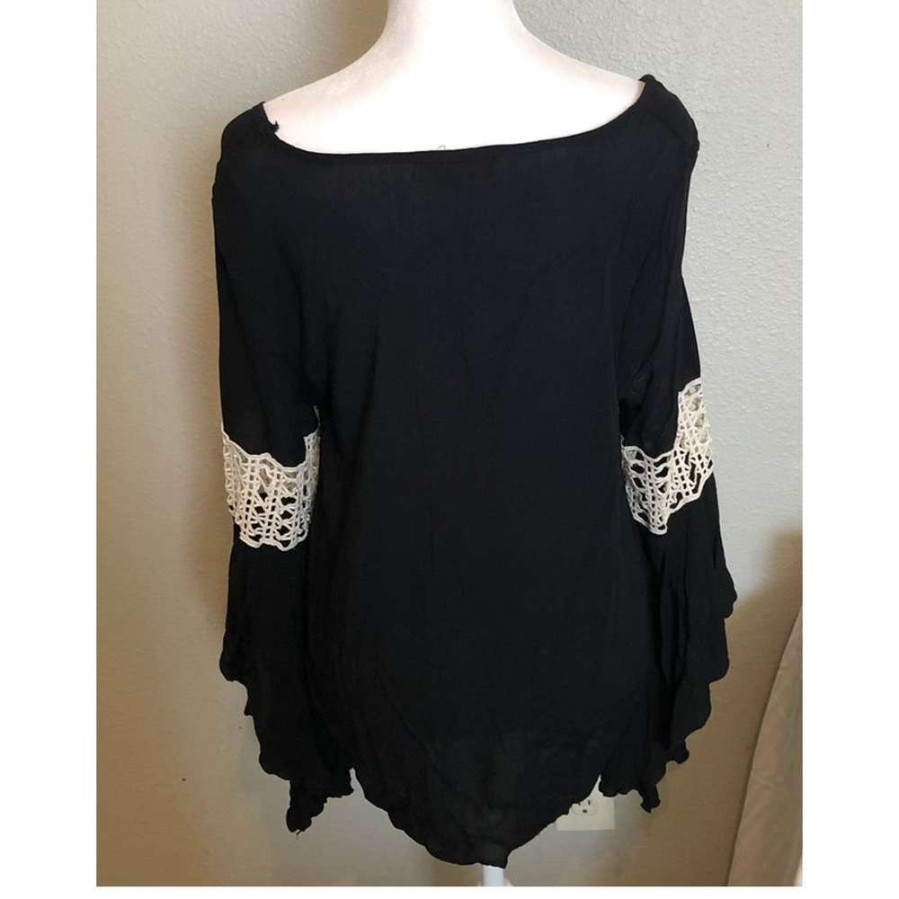 Long Sleeve Black Blouse with Crochet Detailing